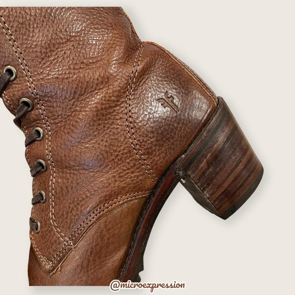 $415 Frye Sabrina 6G Cognac Brown Leather Laced Combat Chunky Heeled Ankle Boots - Picture 13 of 15